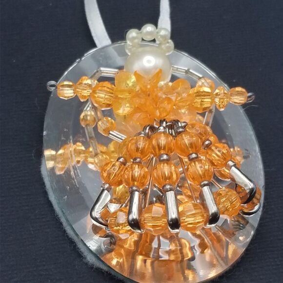 Vintage Beaded Angel Ornament Mirror 3" Pearl Handmade with Safety Pins Orange - Picture 3 of 5